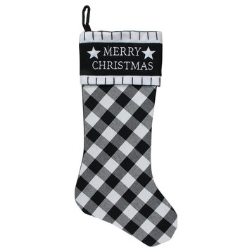 20.5" Black and White "Merry Christmas" Christmas Stocking With Blanket Cuff