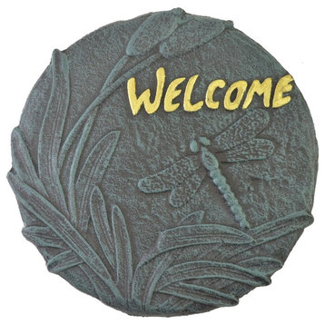 Decorative Cast Iron Yard And Garden Stepping Stone, Welcome, Dragonfly