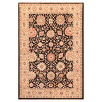 Bareens Designer Rugs - Classic Ziegler Ayesha Black Beige Hand-Knotted Wool Rug - 5'10'' x 9'0'' - Enhance the ambiance of your home with this magnificent Persian-influenced Turkish hand-knotted rug made by skilled artisans capable of creating the most exceptional vegetable dyes and hand-spun wool. This exquisite handmade rug is a one-of-a-kind Peshawar Kafkaz, otherwise identified as Chobi, Chobi Peshawar, Oushak, or Ziegler rug. These handmade rugs are crafted in Pakistan utilizing superior-quality wool imported from Australia, New Zealand, and Korea in two types of weaves: the Persian weave and the Mori weave. This rug is meticulously crafted by hand using the finest natural vegetable dyes extracted from local plants. The artisans use a blend of hand-spun local and fine merino wool, resulting in a rug with a compelling texture, higher lanolin content, and longer staple. The artisans occasionally incorporate natural or artificial silk into the pile to enhance specific motifs. The finished product is an awe-inspiring execution of flawless design and an understated palette that exudes elegance.
