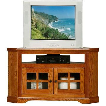Oak Ridge Corner TV Stand With Glass Doors, Medium Oak-Oak