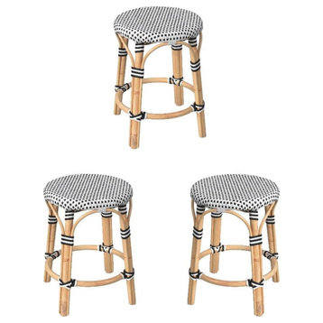 Home Square 18" Rattan Round Dining Stool in White and Black - Set of 3