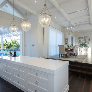 ブリスベンの中サイズのビーチスタイルのLDKの画像 (ベージュの壁、濃色無垢フローリング、茶色い床)