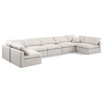 Meridian Furniture - Indulge Upholstered Modular U-Shaped Sectional, Cream, 7-Piece: 5 Armless Chair, 2 Corner Chair, Down Stuffed Linen Textured Fabric - Experience ultimate comfort and style with our cream linen textured fabric Indulge Sectional. The luxurious linen texture of the fabric will elevate the aesthetic of any room. This sofa provides ample space for you to relax while its modular build offers the option of unlimited configurations. Whether you're looking to add a stylish element to your living room or a comfortable seating option to your bedroom, this sofa is the perfect choice.