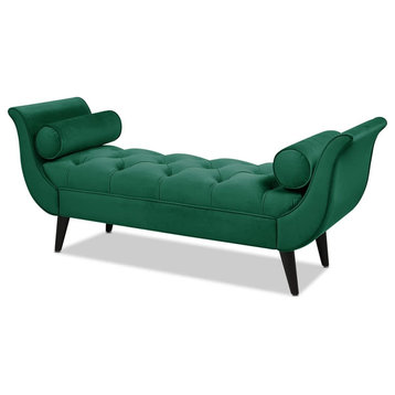 Elegant Upholstered Bench, Tufted Fabric Seat and Flared Arms, Ultramarine Green