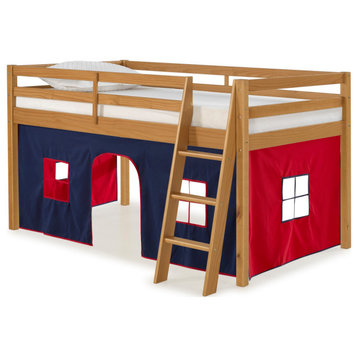 Roxy Twin Wood Junior Loft Bed, Cinnamon, Blue and Red Bottom Tent