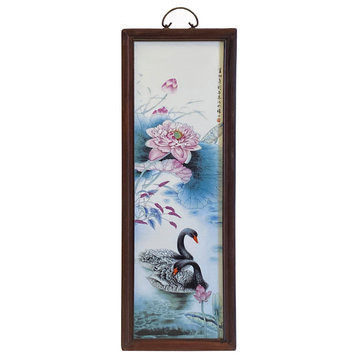 Chinese Wood Frame Porcelain Color Swans Painting Wall Plaque Hws1954A