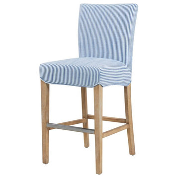 Pemberly Row 26.5" Fabric Counter Stool in Blue Stripes/Natural