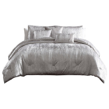 King Size 7 Piece Fabric Comforter Set With Crinkle Texture, Silver