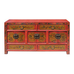 Chinese Distressed Brick Red Graphic Low TV Console Table Cabinet - Console Tables