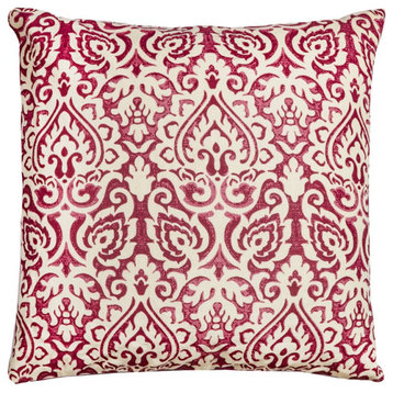 Red White Distressed Damask Throw Pillow