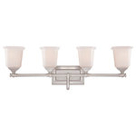 Quoizel - Quoizel NL8604BN Four Light Bath Fixture Nicholas Brushed Nickel - This gleaming collection gives a solid nod to mid century style. The squared shape of the opal etched glass shades gives this design an edge and it is complemented beautifully by the rectangular backplate.