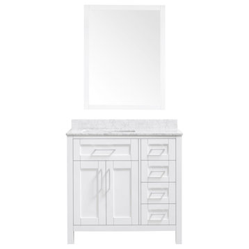 Tahoe Single Vanity Set With Mirror, 36", White With Carrara Marble Top