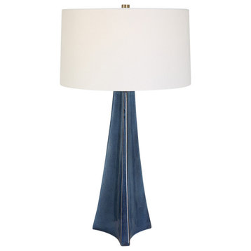 Elegant Dark Blue Brown Ombre Tapered Pillar Table Lamp 32 in Ceramic Column