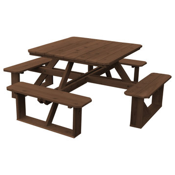 Cedar Square Picnic Table with Attached Benches, Mushroom Stain