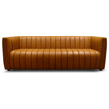 Pemberly Row Modern Luxry Tight Back Geniune Leather Couch in Cognac Tan
