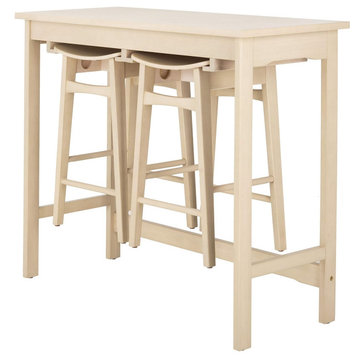 3 Pieces Dining Set, Tabletop With Built In Rack and Backless Stools, White Oak