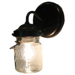 The Lamp Goods - Vintage Mason Jar Sconce Light, Oil Rubbed Bronze - A handcrafted sconce lamp that lights a clear, vintage canning jar with all its own history and 'age' marks. Featuring both the original wire-bails and raised lettering.