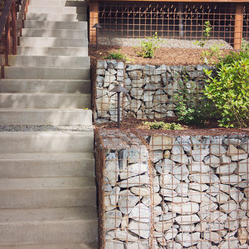 Concrete Stairway, Steel Railing + Gabion Cheek Walls