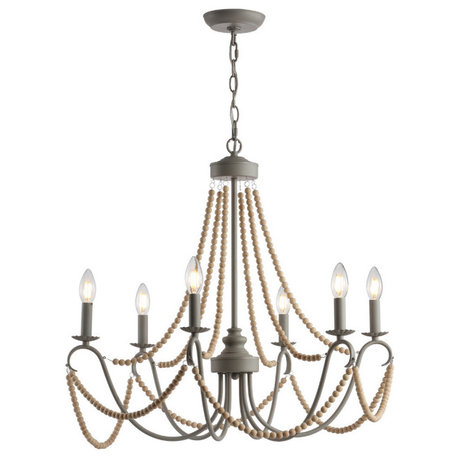 Rustica 6-Light 27" Adjustable Wood Bead Chandelier, Gray and Natural