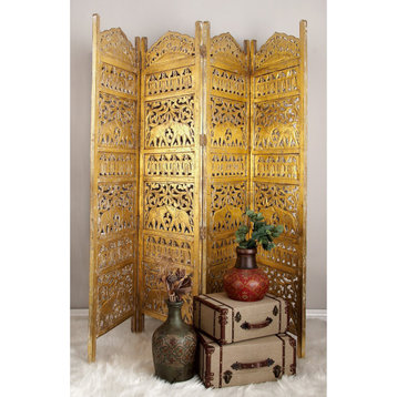 Traditional Room Divider, Mango Wood Frame With Elephant Carved Details, Gold