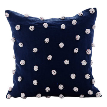 Dotted Pom Poms Blue Cotton Linen 30x30 Cushions Cover, I Love Pom Poms