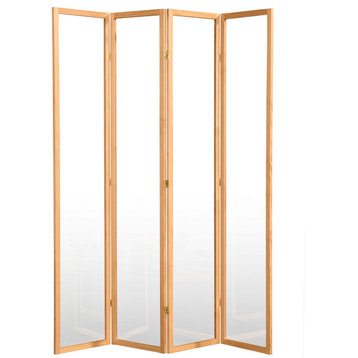 Modern Room Divider, Wooden Frame With Clear Acrylic Screens, Natural, 4 Panels