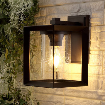 7.25" 1-Light Iron/Glass Modern Rustic Outdoor Lantern, Bronze, Set of 2