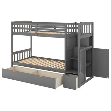 Twin over Full Bunk Bed with Storage Shelves and Drawers, Gray