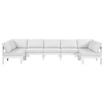 Meridian Furniture - Nizuc Water Resistant Patio U-Shaped Modular Sectional, White, 7-Piece: 5 Armless Chair, 2 Corner Chair, White Aluminum Frame - Pick and choose your favorites from the Nizuc collection to create a modular seating group the whole gang will enjoy. The sturdy aluminum frame provides dependable support for friends and family as they relax and unwind, and the resilient white water resistant fabric stands up to the elements without losing its beautiful demeanor, so you can count on it lasting for the long haul. Latches beneath these seating pieces help you easily attach them to one another for convenient setup.