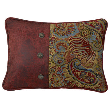 Paisley Print Pillow With Red Faux Leather, 16"x21"