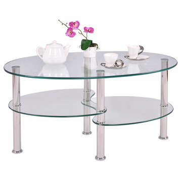 Costway Tempered Glass Oval Side Coffee Table Shelf Chrome Base Room Clear