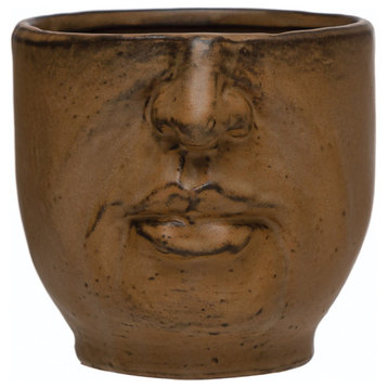 Stoneware Planter With Face, Reactive Glaze
