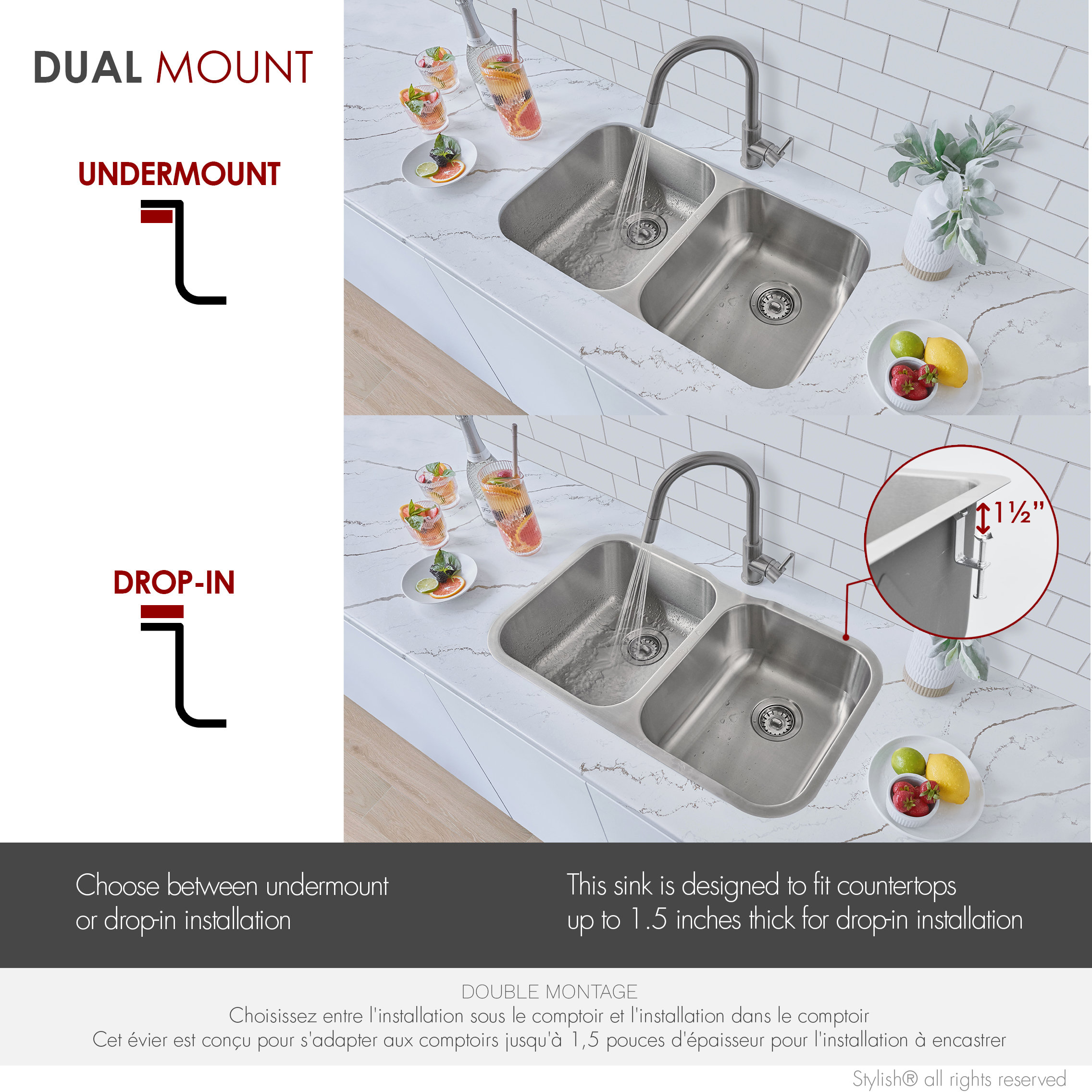 STYLISH Jaspel Dual Mount 32" Double-Bowl Stainless Steel Kitchen Sink