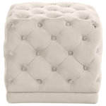 Meridian Furniture - Stella Velvet Upholstered Ottoman/Stool, Cream - Unwind in luxury with your feet propped atop this Stella Cream Velvet Ottoman/Stool. Luxe velvet upholstery covers every square inch of this stool's top and sides, giving it a glamorously contemporary look. The soft color blends easily with any decor theme, and the deep button tufting in a diamond-like grid pattern adds a lavish feel while helping the stool keep its loft. Position it near your favorite easy chair to create a cozy spot to relax at day's end.