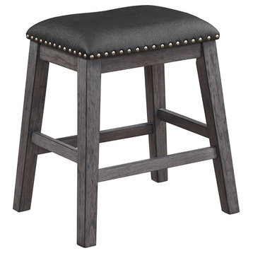 Wood and Leather CoUnter Height Stool With Nail head Trim, Set of 2, Black/Gray