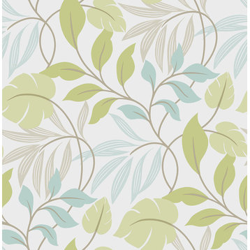 Green Leaves Peel and Stick Wallpaper, Green and Gray, 4 Rolls