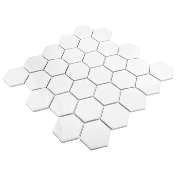 Gio White Glossy 2" Hexagon Porcelain Mosaic Tile, 11 Sheets