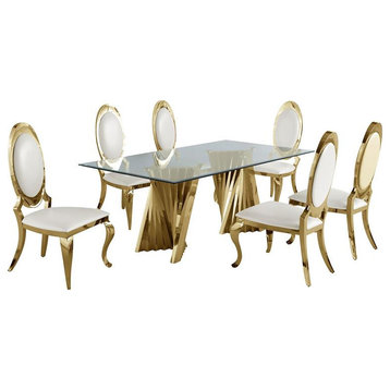 Clear Glass Dining Set with Table and 6 Oval White Faux Leather Chairs