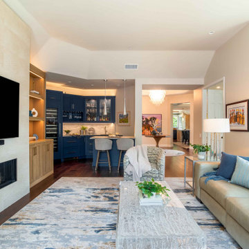 San Diego Open Concept Living Room with Fireplace and Built-In Bar Area