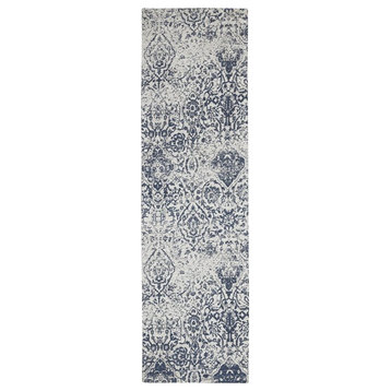 Nourison Damask 27x90" Runner Traditional Fabric Area Rug in Blue/Gray