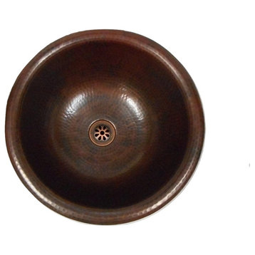 Small 14" Rustic Round Copper Bathroom Sink, Wine & Whisky Barrel with Drain
