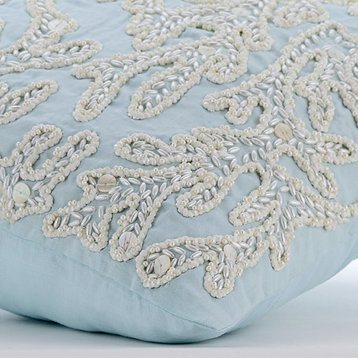 Blue Cotton Linen 18x18 Jute And Pearls Corals Pillows Cover, Pearly Sea Tangle
