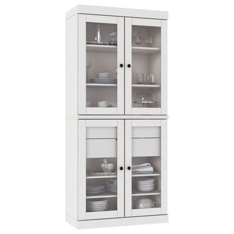 100% Solid Wood 32" Kitchen Pantry with Glass Doors, 2-Drawers, White