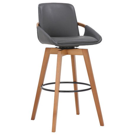 Baylor Swivel Wood Stool, Faux Leather, Gray/Walnut, 30" Bar Height