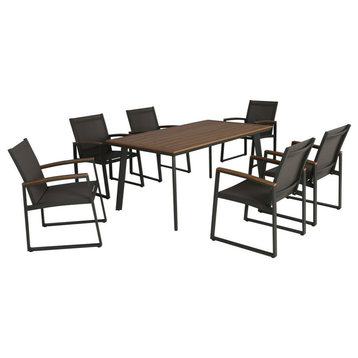 GDF Studio Leeds Outdoor 7 Piece Aluminum Dining Set with Mesh Chairs, Natural/G