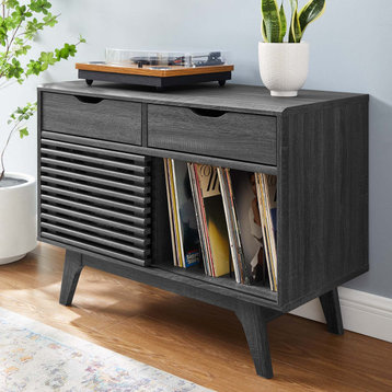 Vinyl Record Side Table Cabinet Stand, Charcoal Gray, Wood, Mid Century