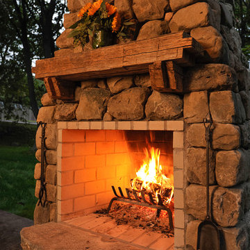 Stone Hearth, Reclaimed Mantle, Recessed Joint Stonework