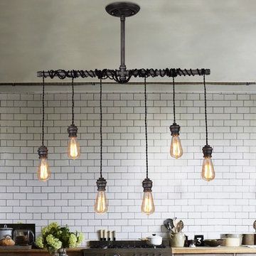 $139.99, Industrial 6-Light Plumbing Pipe Hanging Exposed Bulb Metal Pendant Lig