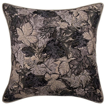 Quilted with Zardosi Embroidery Grey Satin 16"x16" Pillow Cover, Maple Glory