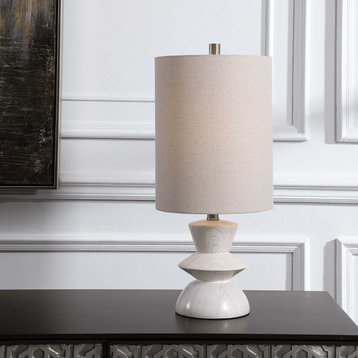 Mid Century Modern Geometric White Table Lamp Bleached Wood Tone Retro Turned